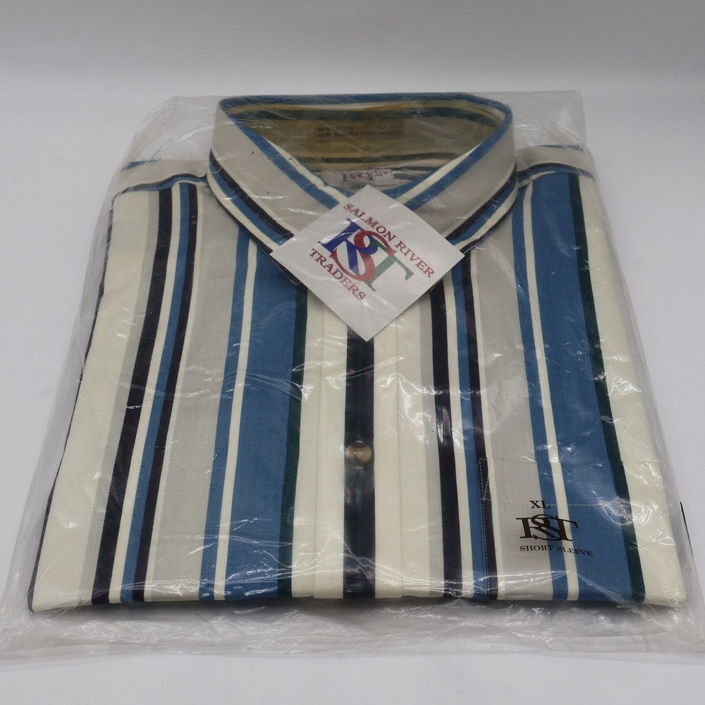 Salmon River Traders Shirt Mens XL Vintage 90s Striped Short Sleeve Blue New